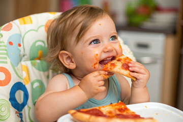 A cheerful baby boy is happily eating a slice of pepperoni pizza, making a joyful mess.
