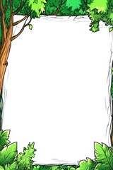 Blank parchment hangs amid lush green forest foliage frame, a serene nature backdrop ready for your text