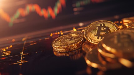 Bitcoin coins on display, stock market background, financial trading, investment