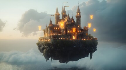 Obraz premium Enchanted Floating Castle Surrounded by Ethereal Clouds at Sunset