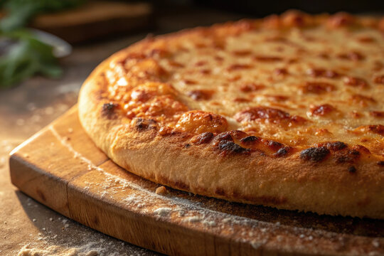 A delicious cheese pizza with a golden crust sits on a rustic wooden cutting board.