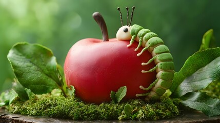 Caterpillar exploring a shiny red apple surrounded by vibrant greenery in a serene garden setting