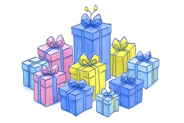 Fototapeta premium Cartoon gifts, piled up with festive bows, white background