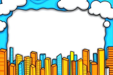 Obraz premium Cartoon Buildings cityscape below fluffy white cloud border against vibrant blue sky