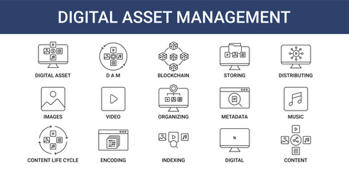 Digital Asset Management icon pack with blockchain, content and digital asset icon