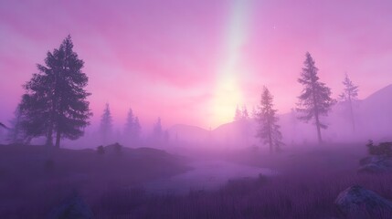 Serene Misty Landscape with Soft Purple Hues at Sunrise