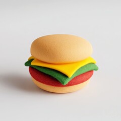 A cute wool felt toy of a tasty hamburger on a white background, cute hamburger in felt