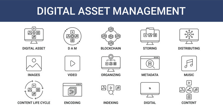 Digital Asset Management icon pack with blockchain, content and digital asset icon