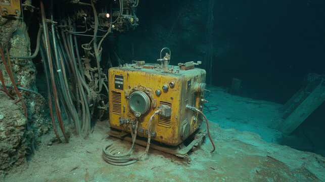 Submerged machinery rests on the ocean floor, surrounded by marine elements in a serene underwater setting. - Powered by Adobe