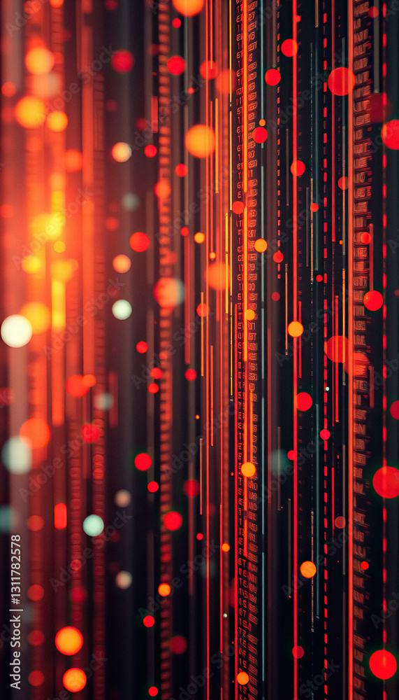 Poster Abstract data visualization with vibrant red and orange hues digital streams and bokeh lights