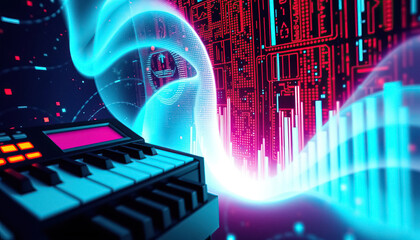 Synth keyboard with vibrant digital waves and sound frequencies visualized in vivid neon hues