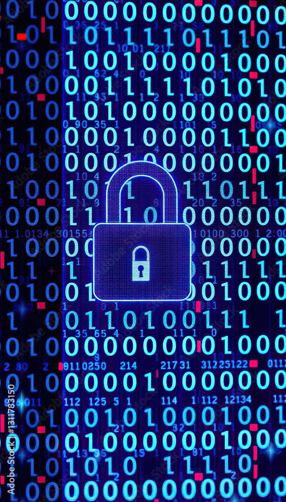 Aufkleber Digital security padlock icon in blue neon surrounded by binary code symbolizes cybersecurity