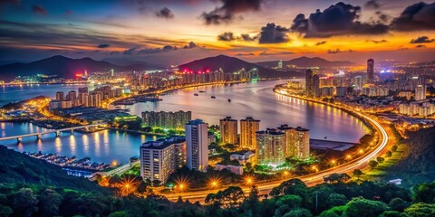 Fototapeta premium Vintage Sanya Night View: Hainan Island Panorama from Observation Deck