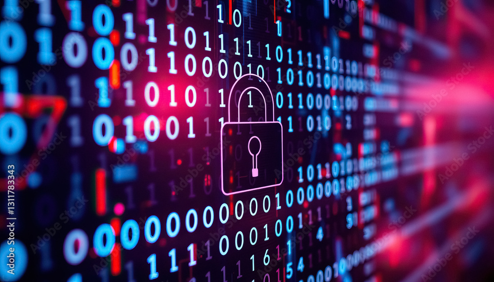 Aufkleber Digital Security symbolic padlock layered on digital binary code matrix glowing with security