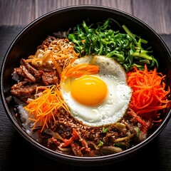 Bibimbap with delicious vegetables and egg yolk