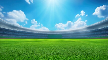 Stunning Panoramic View of a Modern Stadium Filled with Spectators Under a Bright Sunny Sky