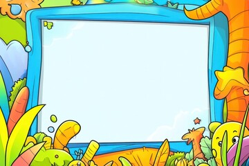 Obraz premium Cartoon frame; blank area amidst jungle plants; colorful, playful background for text or pictures