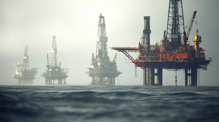Obraz premium Offshore oil rigs standing tall in the ocean under a foggy sky, showcasing industrial activity