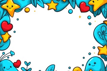Cartoon frame Blue blob characters, hearts, stars border a white background. Cute, playful, vibrant art