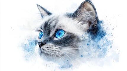 Fototapeta premium Charming watercolor cat with dreamy blue eyes, white background