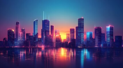 Fototapeta premium Vibrant City Skyline at Dusk with Colorful Lights Reflecting Water
