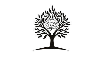 Obraz premium A black and white illustration of a tree with a brain in the middle