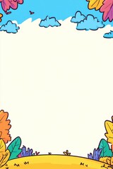 Fototapeta premium Cartoon frame. Field edge beneath bright sky with clouds, surrounding empty space for text/image