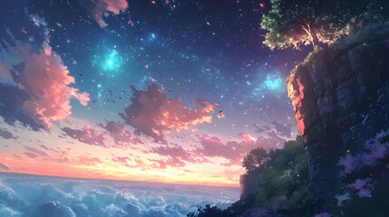 Naklejka premium Dreamy Night Sky Over a Cliff with Colorful Clouds and Stars
