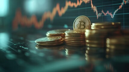 Bitcoin coins on a digital display with a stock market graph.  Possible use stock photo for financial articles