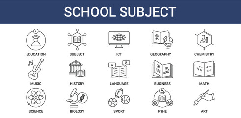 School Subject icon pack with education, business, science and music icon