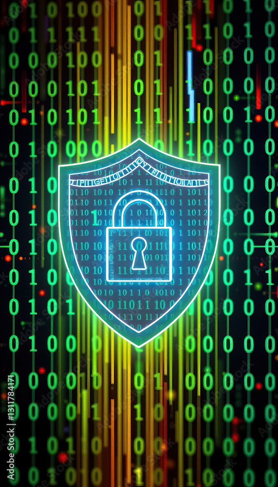 Poster Glowing digital shield with padlock symbol against backdrop of streaming binary code Cyber security
