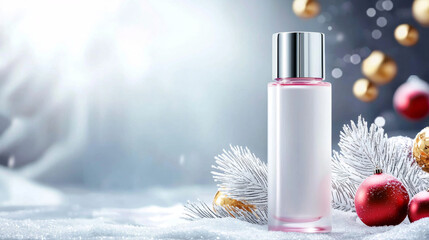 White bottle amidst snow dusted pine branches and festive ornaments