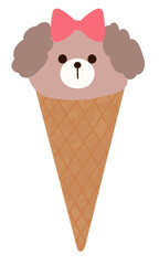 垂れ耳の犬の顔の形のアイスクリームのイラスト　ワッフルコーンに乗ったアイス　可愛い手書きのイラスト
