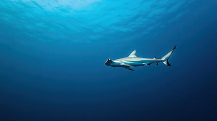 Obraz premium A solitary shark glides gracefully through deep blue ocean waters.
