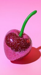 Sparkling, glittery cherries with green stems shine brightly against a soft pink background, creating a playful and vibrant scene