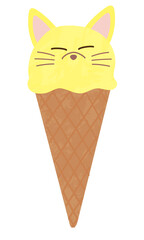きつねの顔の形のアイスクリーム　コーンに乗ったアイスクリーム　可愛い手書きのイラスト