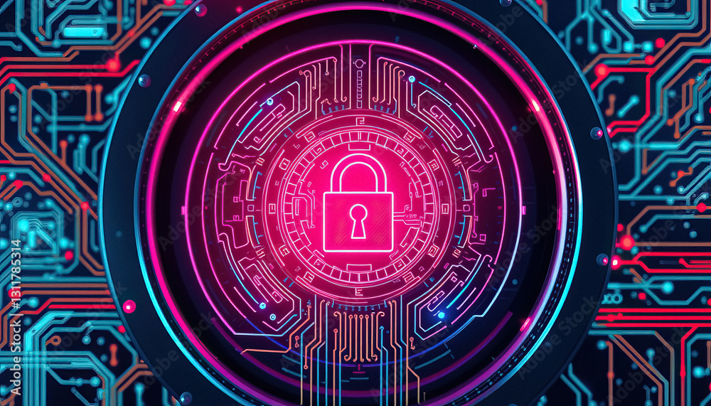 Poster Futuristic security concept with digital padlock and vibrant circuit board backdrop ensuring safety