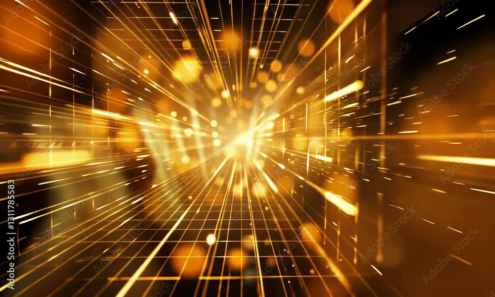 Wall mural abstract concept of hyper-speed flight through digital tunnel with glowing particles