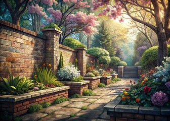 Obraz premium Vintage Spring Garden: Charcoal Brick Pattern Digital Art