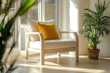Fototapeta premium Sunlit armchair with yellow cushion, plants.