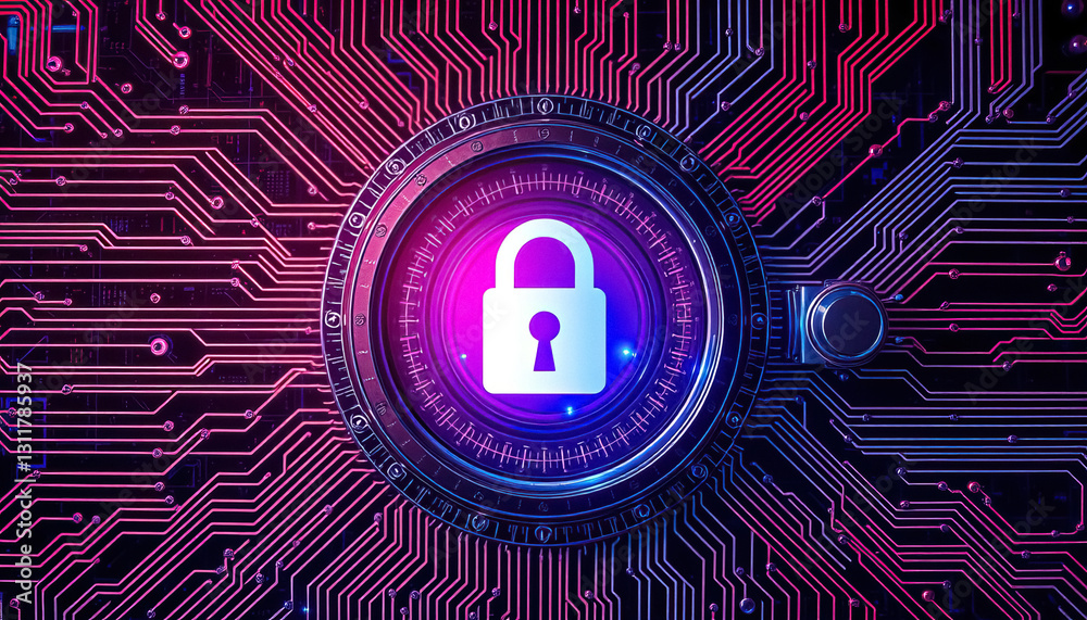 Poster Cybersecurity lock on digital circuit board Data encryption and access control critical