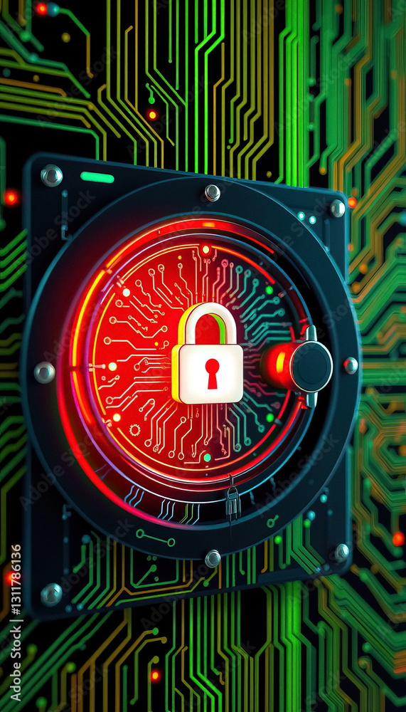 Poster cybersecurity padlock symbol with glowing electronic circuitry data protection
