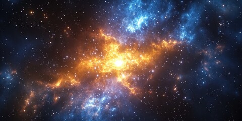 Obraz premium A mesmerizing close-up of a star-studded galaxy, radiating vibrant yellow and orange hues from its luminous core, capturing the cosmos in intricate detail