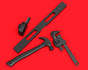 Top view of monochrome construction tools for repair on red background