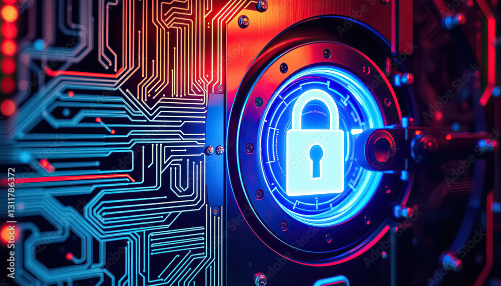 Poster Cybersecurity lock securing data with digital circuit board pattern Safety tech security