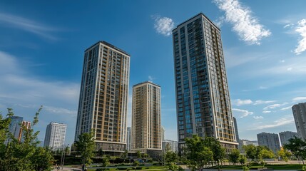 Fototapeta premium Modern apartment towers under a clear sky. Cityscape. Possible use Stock photo for real estate or urban development