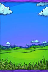 Obraz premium Cartoon landscape Rolling green hills, blue sky, white clouds, mountain backdrop. Vibrant colors