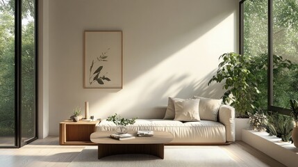Sunlit Minimalist Living Room with Beige Sofa and Lush Greenery