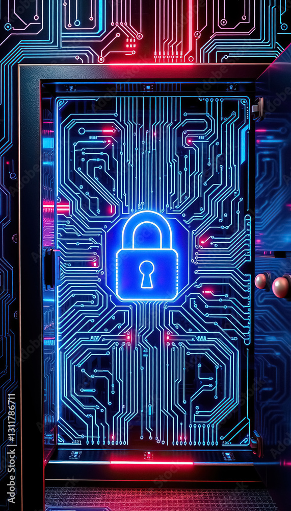 Aufkleber neon blue padlock over circuit board graphic emphasizing security in technology and data