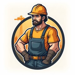 Fototapeta premium Confident Construction Worker with Beard Posing Against Orange Sunset
